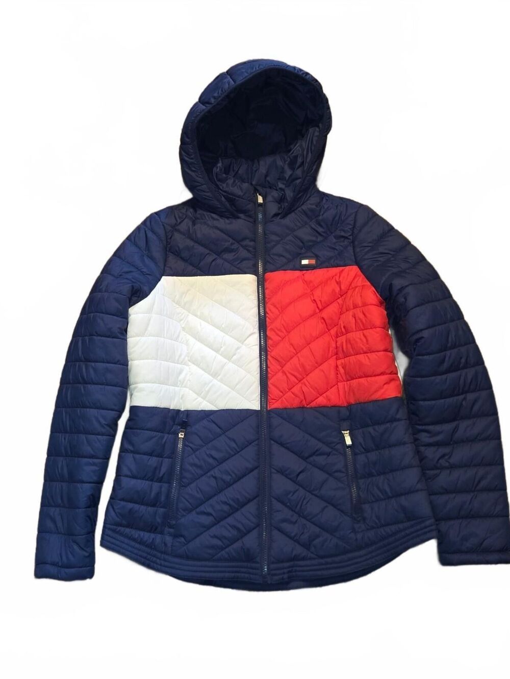 Tommy Hilfiger Sport Puffer Jacket Womens Large Blue Hooded Quilted Winter Coat